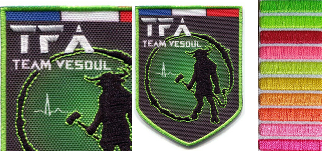 Ecusson textile imprimé : fils fluo à utiliser pour broder le bord ou d'autres détails Fils fluo à utiliser pour broder le bord des écussons imprimés